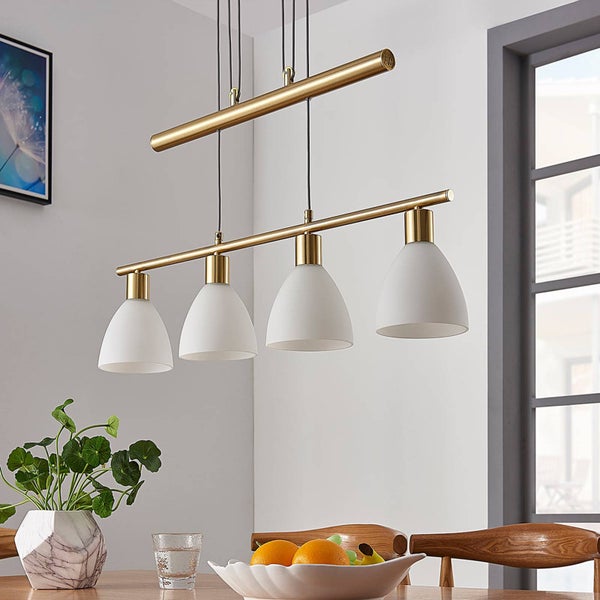 Lindby Hängelampe 4 flammig, höhenverstellbar Esstisch Pendelleuchte Glas Metall Messing matt Hängeleuchte Esszimmer Wohnzimmer Küche Bar Balkenpendelleuchte