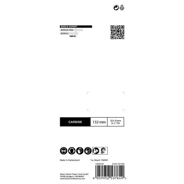 Bosch Expert Produktinformationen: Carbide, 132 mm, 3,5-5 mm, 5-7 TPI, Hergestellt in der Schweiz, Bosch Logo