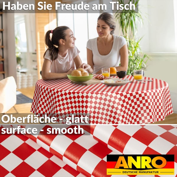 Rundes Wachstuch mit rot-weißem Karomuster auf einem Esstisch mit zwei Personen, Detailansicht der glatten Oberfläche, ANRO Logo.