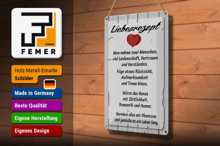 Blechschild Spruch 20x30cm Liebesrezept nehme 2 Menschen