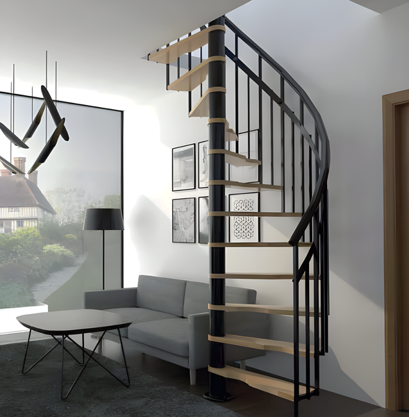 HandyStairs platzsparende Wendeltreppe „Radius“ – 140x70 cm – 299 cm hoch – 12 Buchenstufen – Schwarz