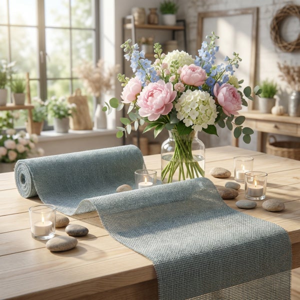 Ein strukturierter Tischläufer auf einem Holztisch, dekoriert mit einem Blumenstrauß, Teelichtern und Dekosteinen in einem hellen Wohnraum.