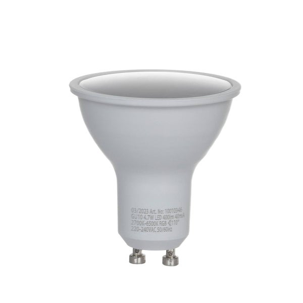 LED Reflektorlampe GU10, 4,7 Watt, 400 Lumen, RGB und Farbtemperatursteuerung von 2700 bis 6500 Kelvin, Abstrahlwinkel 110 Grad.