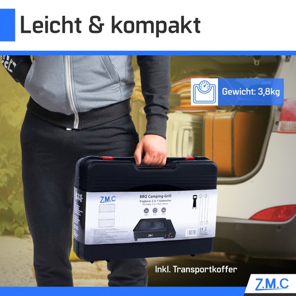 Leichter und kompakter tragbarer Z.M.C. 2-in-1 Gaskocher und Campinggrill inklusive schwarzem Transportkoffer, Gewicht 3,8 Kilogramm, Z.M.C. Logo.