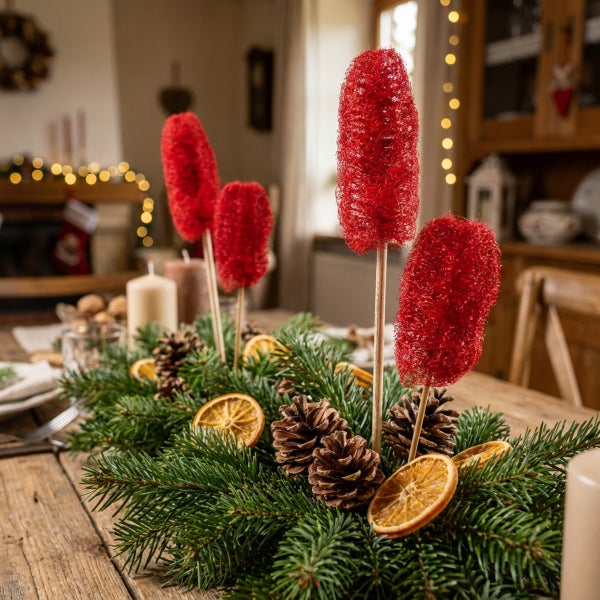 Weihnachtliches Tischgesteck mit Tannenreisig, Zapfen, getrockneten Orangenscheiben und roten Dekoelementen auf Holzunterlage.