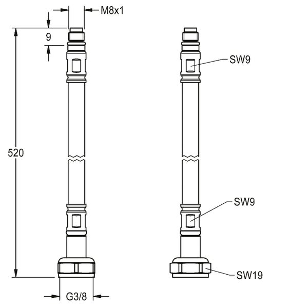 Technische Zeichnung eines flexiblen Anschlussschlauchs mit Gewinde M8 mal 1 und G 3/8 Zoll sowie Schlusselweitenangaben.