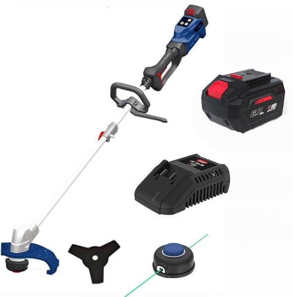 Akku-Rasentrimmer-Set mit 18 Volt 6,0 Amperestunden Akku, Ladegerät, Schneidblatt und Fadenspule.