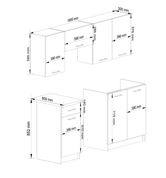 Technische Zeichnung einer Küchenzeile mit Maßen