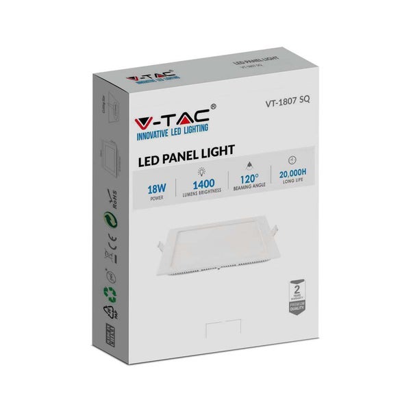 Verpackung einer V-Tac LED-Panel Leuchte mit 18 Watt Leistung und 1400 Lumen Helligkeit