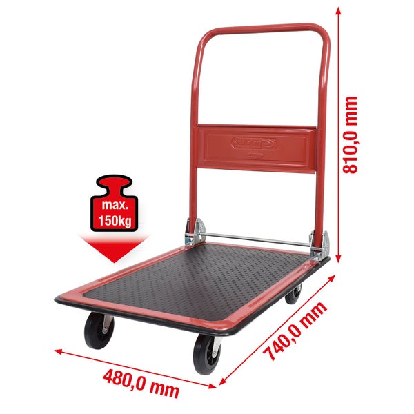 Sackkarre mit einer maximalen Traglast von 150 Kilogramm und den Massen 480 Millimeter mal 740 Millimeter mal 810 Millimeter.