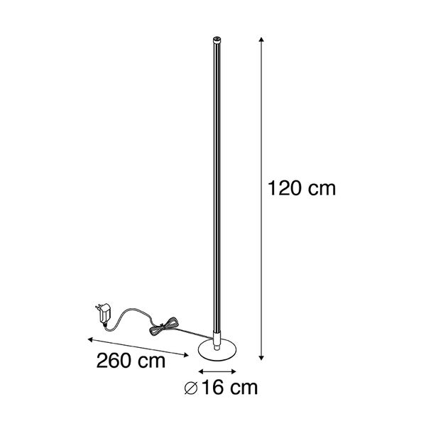Technische Zeichnung einer Stehlampe mit den Maßen 120 cm Höhe, 16 cm Durchmesser und 260 cm Kabellänge.
