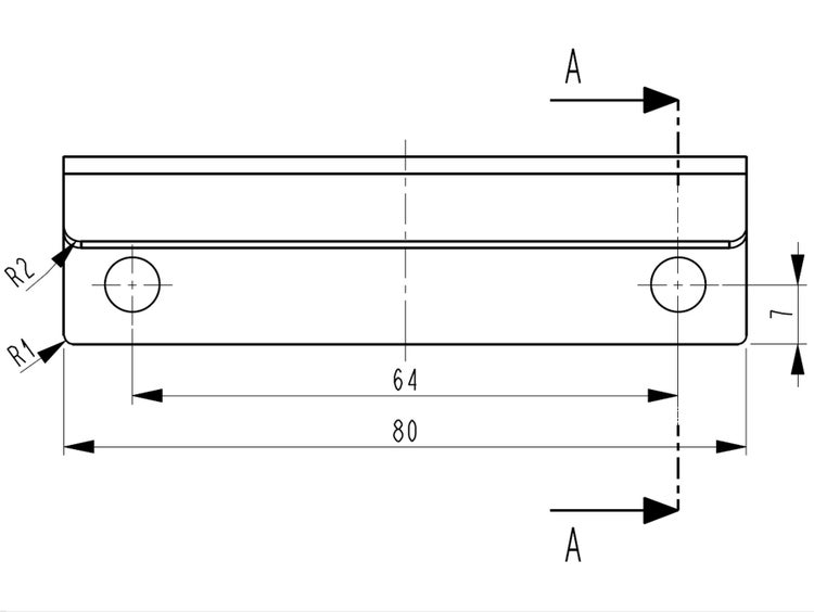 Technische Zeichnung eines Möbelgriffs mit Maßen 80 Millimeter Länge und 64 Millimeter Lochabstand.
