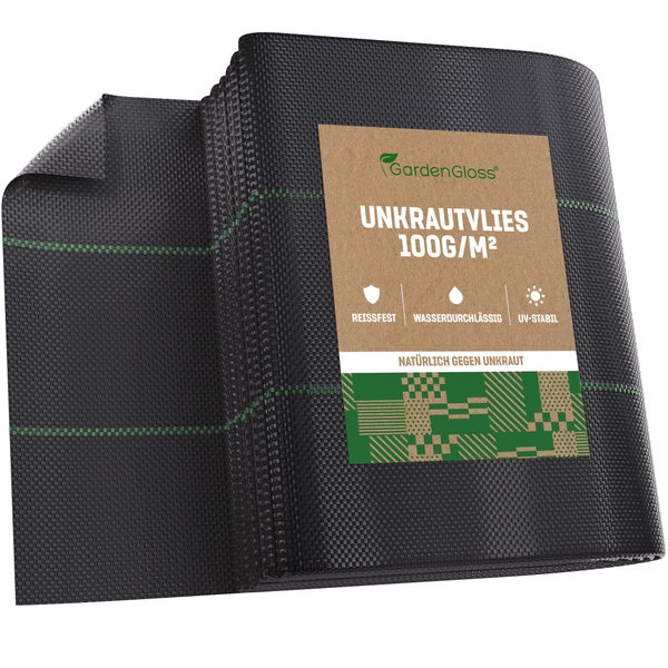 GardenGloss 30m² Anti-Unkrautgewebe 100g/m² – Wasserdurchlässig und Reissfest – Unkrautvlies Gartenvlies mit hoher UV-Stabilisierung – Bändchengewebe Unkrautfolie (15m x 2m, gefaltet)