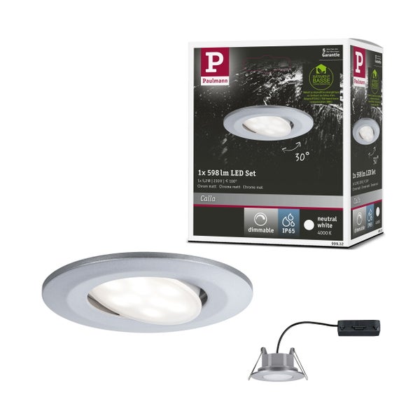 LED Einbauleuchte Calla schwenkbar IP65 rund 90mm 30° 5,2W 460lm 230V dimmbar 4000K Chrom matt