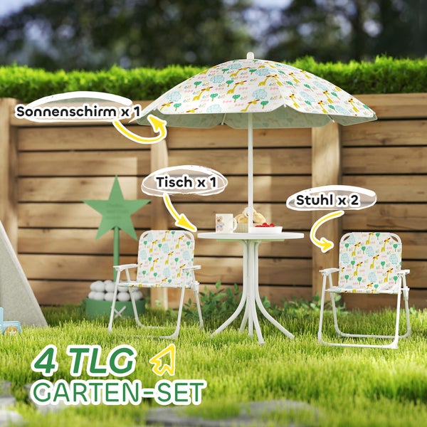 Vierteiliges Gartenmöbelset für Kinder mit Sonnenschirm, Tisch und zwei Stühlen auf einer Rasenfläche
