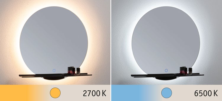 Runder Badezimmerspiegel mit LED-Hintergrundbeleuchtung und Ablage, einstellbare Farbtemperatur von 2700 Kelvin bis 6500 Kelvin.
