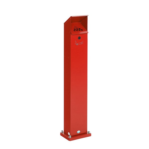 Roter Standaschenbecher aus Metall mit Wetterschutzdach und Zigarettensymbol, zur Bodenmontage.