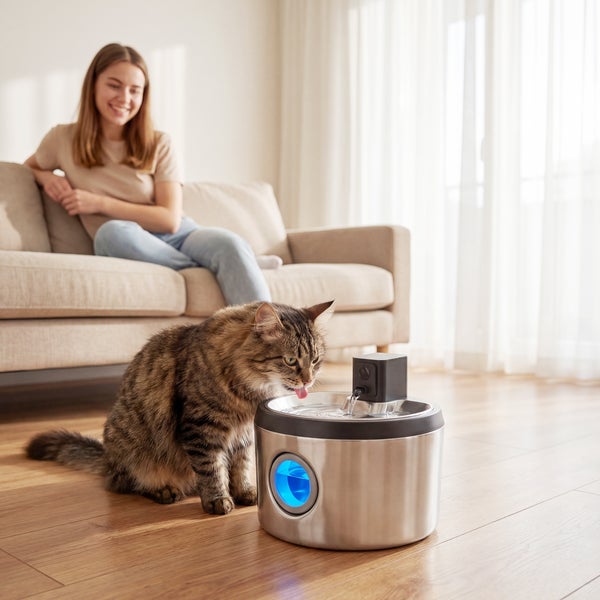 Katze trinkt aus einem automatischen Trinkbrunnen aus Edelstahl in einem hellen Wohnzimmer mit beleuchtetem Wasserstandsanzeiger.