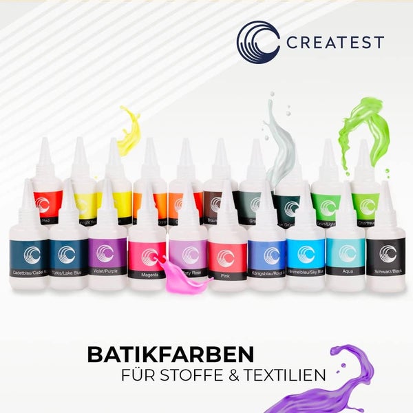Createst Batikfarben Set in Flaschen mit Dosierspitze für die Gestaltung von Stoffen und Textilien.