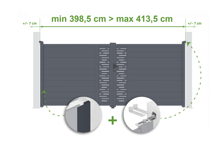 Illustration eines Gartentors mit Breitenangaben zwischen 398,5 cm und 413,5 cm