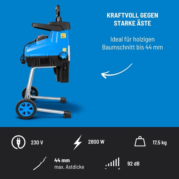 Elektro-Häcksler mit 2800 Watt Leistung, ideal für Äste bis zu 44 Millimeter Dicke. Geräuschpegel 92 Dezibel, Gewicht 17,5 Kilogramm.