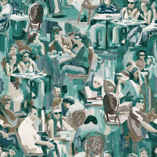 Gemaltes Tapetenmuster mit Menschen im Café