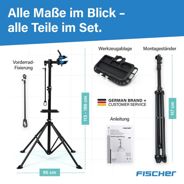 Montageständer für Fahrräder von Fischer inklusive Ablage, Vorderradfixierung und Bedienungsanleitung mit Maßangaben.