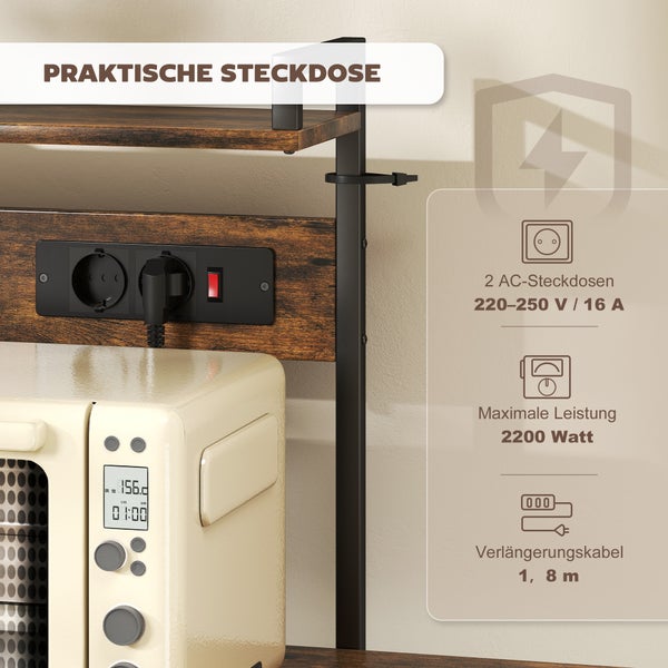 Küchenregal mit 2 integrierten Steckdosen, maximal 2200 Watt und 1,8 Meter langem Kabel. Holzoptik mit schwarzem Metallrahmen.