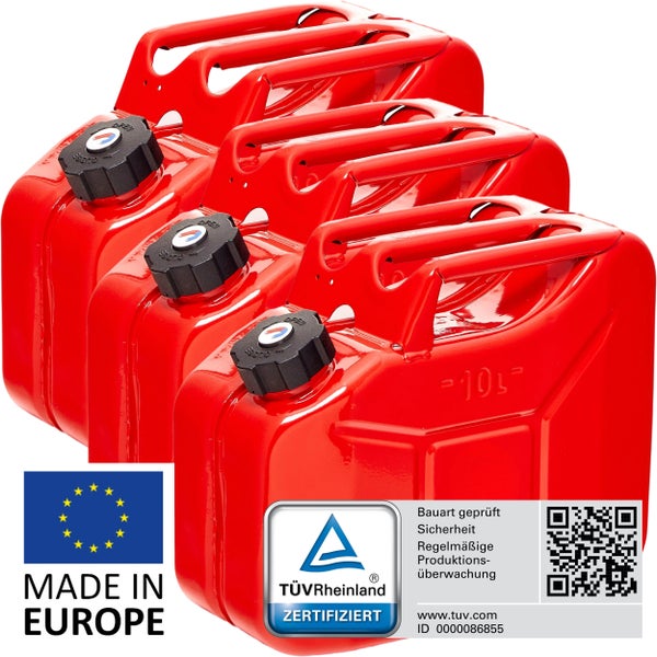 BW® Kraftstoffkanister Metall Benzinkanister 3x 10 Liter mit Schraubverschluss - Rot - RAL 3000 - TÜV-geprüft und UN-Zulassung - Made in Europe