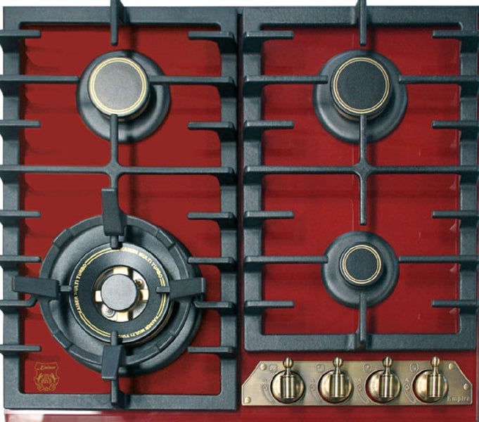Gaskochfeld mit vier Kochstellen und gusseisernen Topfträgern, Bedienknebel an der Vorderseite, Design im Retro-Stil.