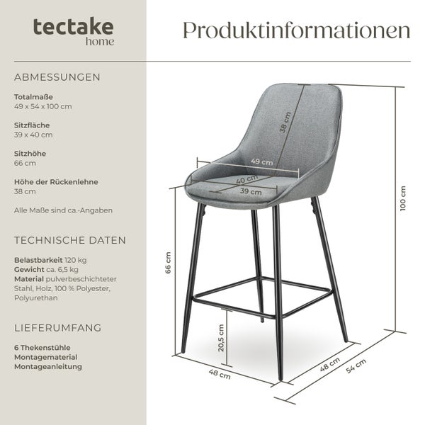 Thekenstuhl tectake Siera 49 x 54 x 100 cm, Belastbarkeit 120 kg gepolstert, weicher Bezug Webstoff grau/schwarz