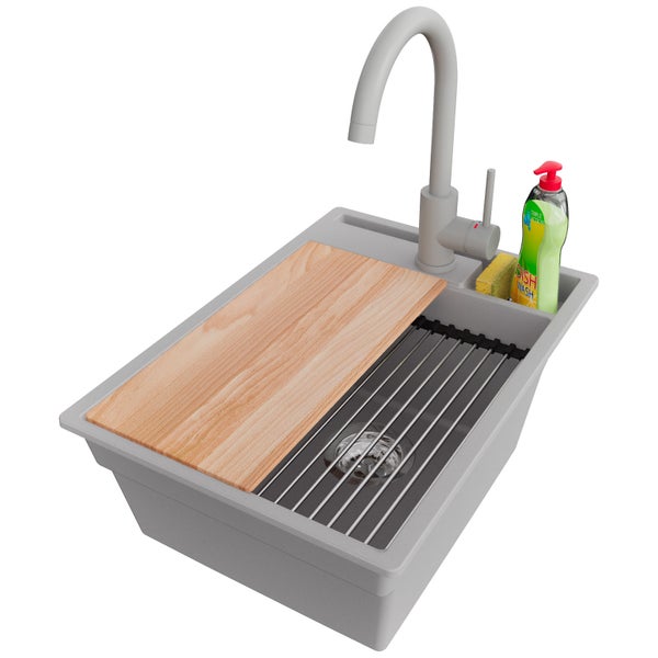 Spüle mit Schneidebrett, Abtropfgitter, Spülmittel und Wasserhahn