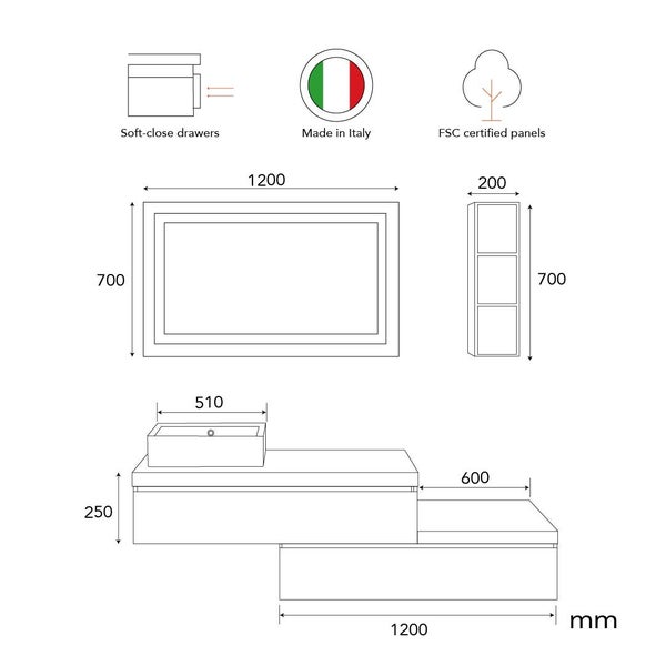 Technische Zeichnung eines Badezimmermöbel Sets mit Soft-Close-Auszügen, Herkunft Italien und FSC-zertifizierten Holzwerkstoffen.