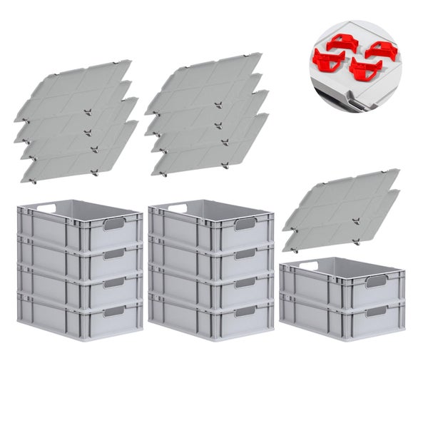 PROREGAL Spar Set 10x Eurobox Nextgen Economy Mit Auflagedeckel & 4x Schiebeschnappverschlüsse Rot Griffe Offen HxBxT 17 x 40 x 60 cm 34 Liter