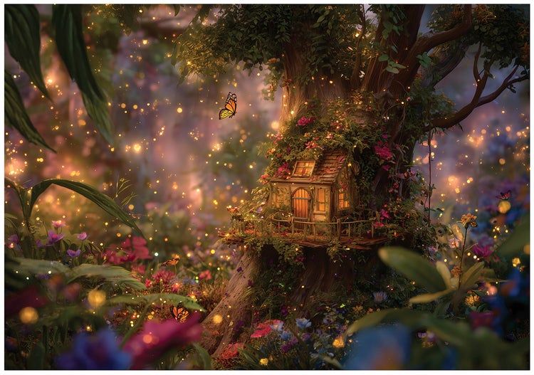 Detailreiches Miniatur-Baumhaus in einem Baumstamm, umgeben von bunten Blumen, Schmetterlingen und leuchtenden Lichtpunkten in einem Garten.