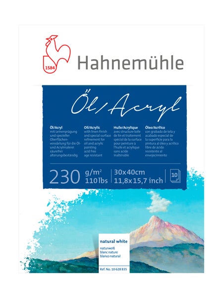 Hahnemühle Logo, Öl und Acryl Malblock, 230 Gramm pro Quadratmeter, 30 mal 40 Zentimeter, 10 Blatt, säurefrei, naturweiß mit Leinenprägung.