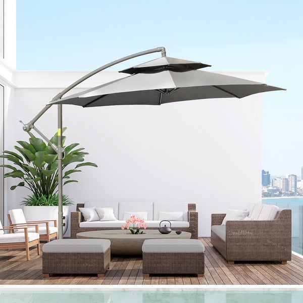 Outsunny Sonnenschirm Ampelschirm Ø2,67 x 2,45 m Kurbelschirm mit Doppeldach Kreuzbasis Stahl Outdoor Sonnenschutz Polyester Stahl Hellgrau