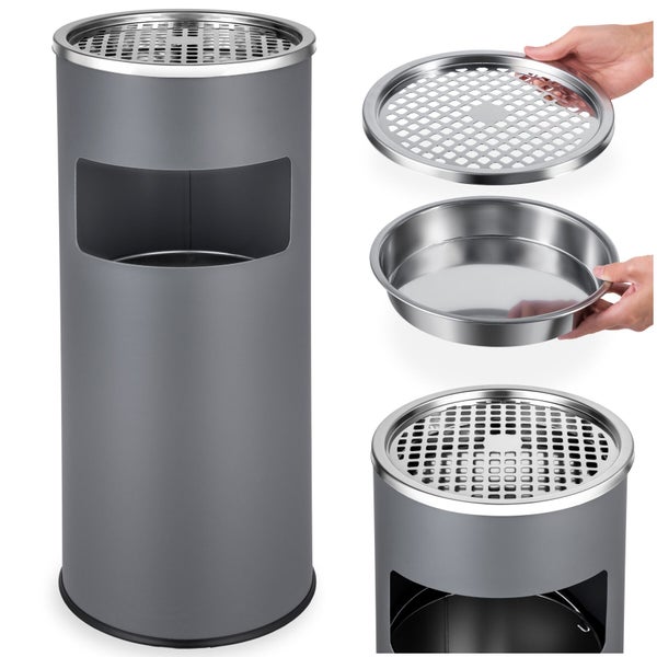 Grauer Standascher mit integriertem Abfalleimer, runder Metallbehälter mit abnehmbarem Gitterdeckel und Einsatz für Asche.