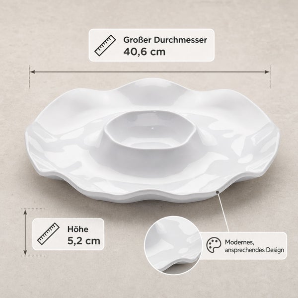 Weiße Servierplatte mit mittiger Vertiefung, 40,6 cm Durchmesser und 5,2 cm Höhe, geschwungenes Design für Snacks und Dips.