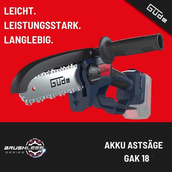 Güde Akku-Astsäge GAK 18 der Brushless Series für Gartenarbeiten, Güde Logo.