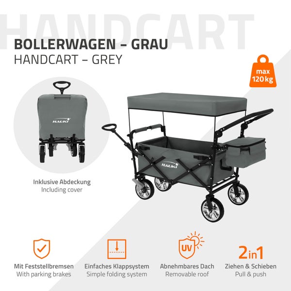 Hauki Bollerwagen XXL faltbar mit Dach & Tasche, Grau, Handwagen klappbar zum Schieben/Ziehen, Kinder Transportwagen Kinderwagen, 360° drehbare Vorderräder, PU Räder mit Bremsen, Transportkarre 120 kg