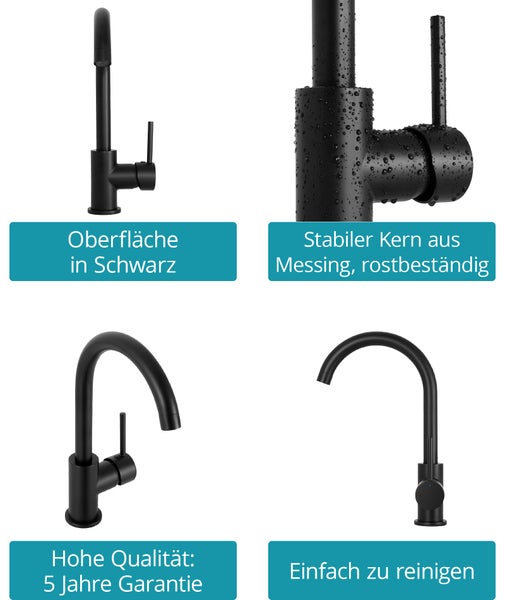 Schwarze Küchenarmatur mit Details: Oberfläche in Schwarz, stabiler Messingkern, fünf Jahre Garantie und einfache Reinigung.
