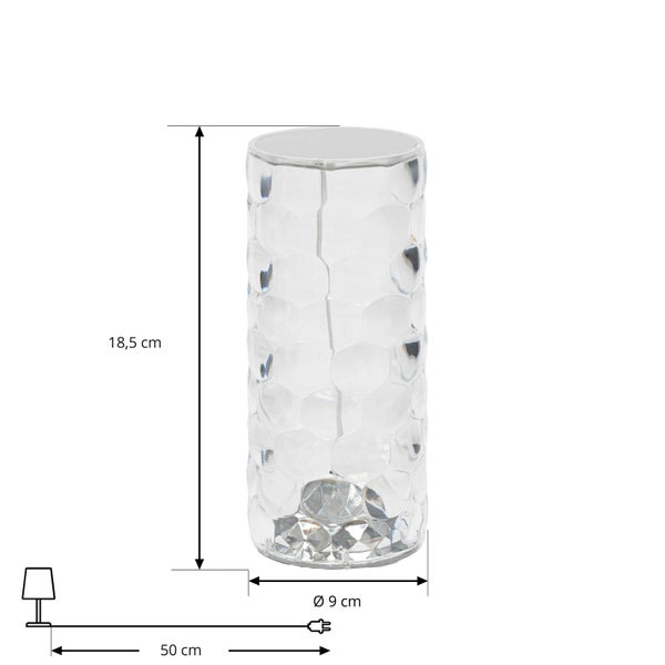 Zylindrische Tischleuchte mit transparenter facettierter Oberfläche, Höhe 18,5 Zentimeter, Durchmesser 9 Zentimeter, Kabellänge 50 Zentimeter.