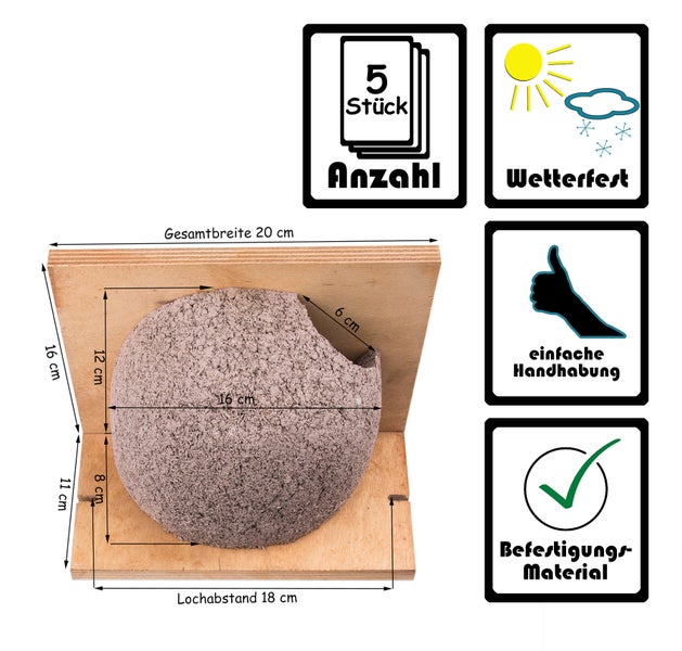 Maße des Schwalbennests mit Holzbrett und Symbole für Anzahl, Wetterfestigkeit, einfache Handhabung und Befestigungsmaterial
