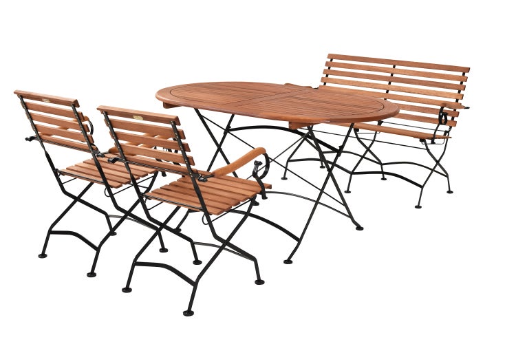 Gartenset mit Tisch, Bank und zwei Stühlen