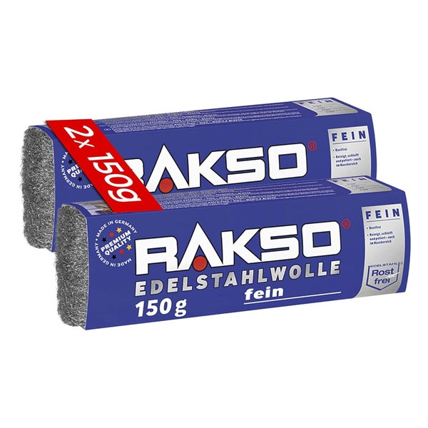 Rakso Edelstahlwolle fein, zwei Packungen zu je 150 Gramm, rostfrei, zum Reinigen, Schleifen und Polieren, Premiumqualität aus Deutschland.