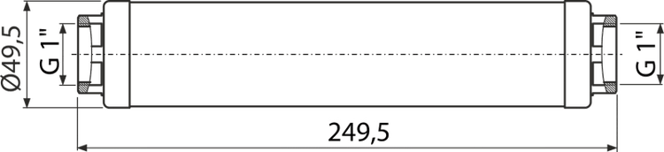 Technische Zeichnung mit Maßen: Länge 249,5 Millimeter, Durchmesser 49,5 Millimeter, Anschlüsse G 1 Zoll.