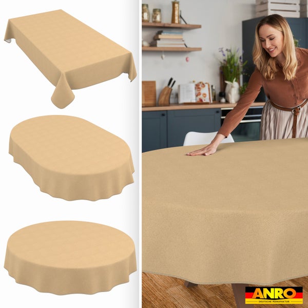Beige Tischdecke in rechteckiger, ovaler und runder Form, abgebildet in einer modernen Küche mit einer Frau, ANRO Logo.