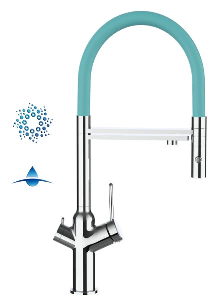 4 Wege Wasserhahn Küchenarmatur, BOD, mit 360° schwenkbarem Auslauf, abnehmbare 2 strahl Handbrause, Verchromt / Türkis