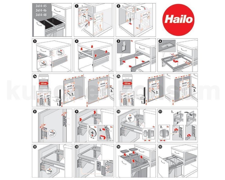 Montageanleitung für Hailo Abfallsammlersystem in einem Küchenunterschrank mit durchnummerierten Schritten eins bis fünfzehn und Hailo Logo.